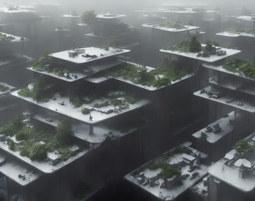 Layered futuristic cityscape with overgrown vegetation in misty atmosphere