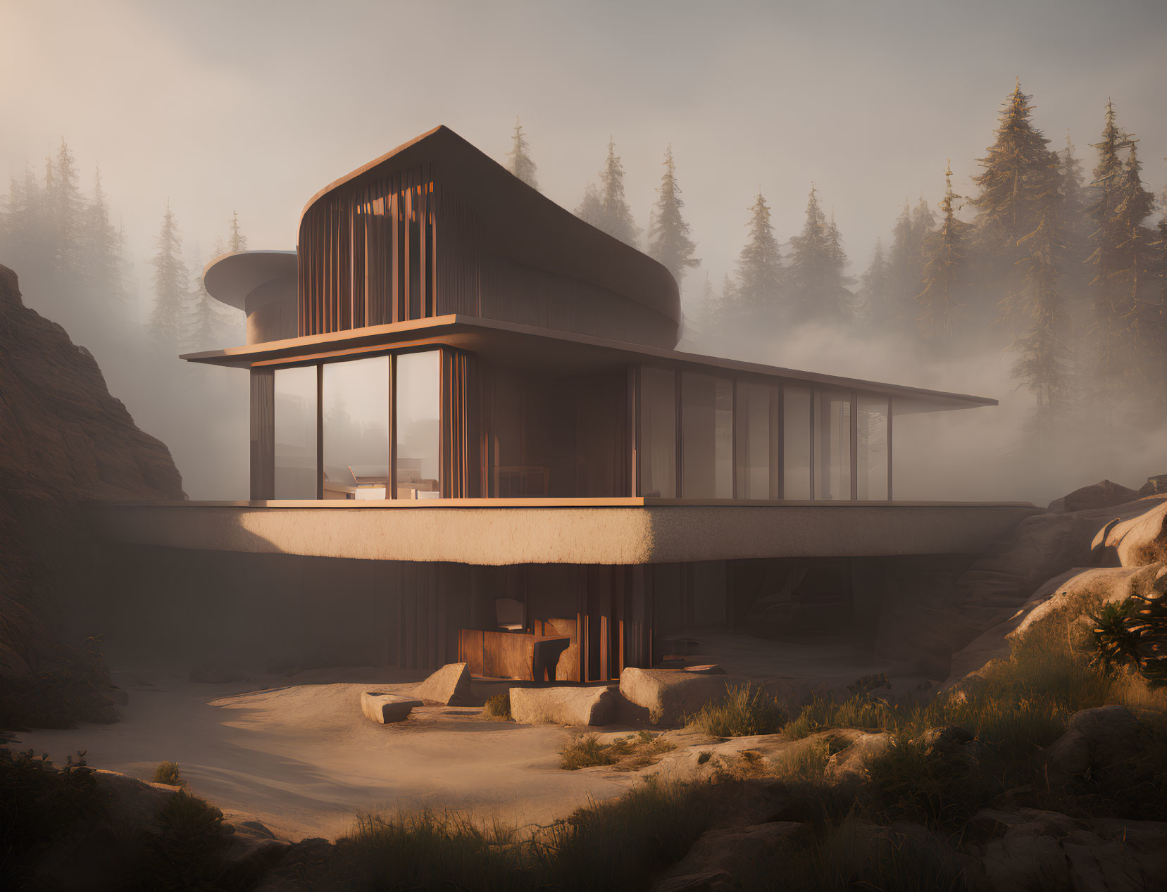 Contemporary Cantilevered House with Large Glass Windows in Foggy Pine Landscape