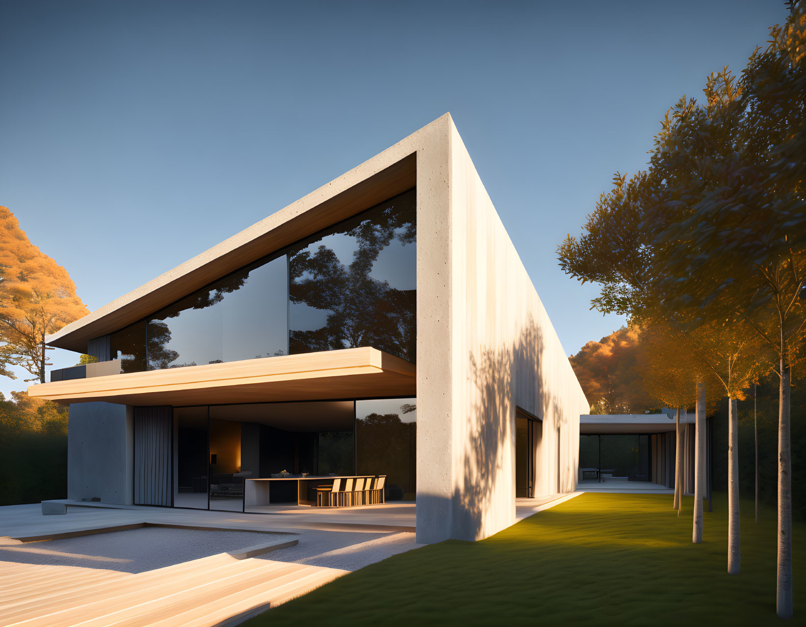 Contemporary House with Large Windows and Cantilevered Design in Tree-Filled Setting