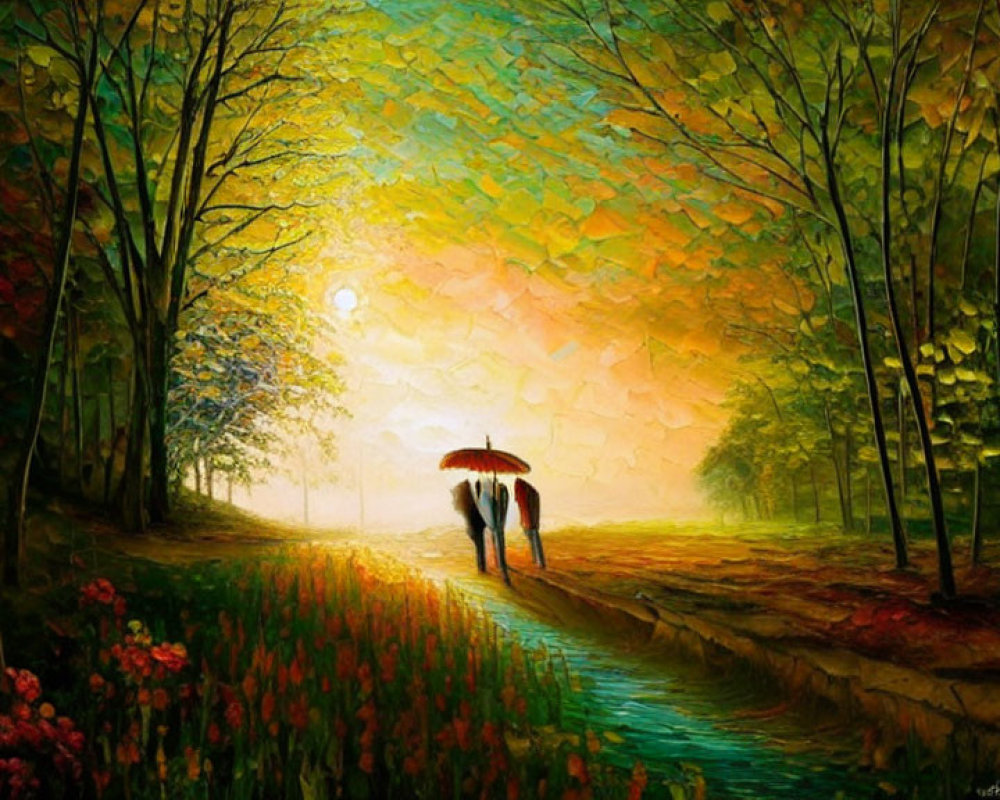 Autumn scene: Two people under umbrella on serene path with colorful trees.