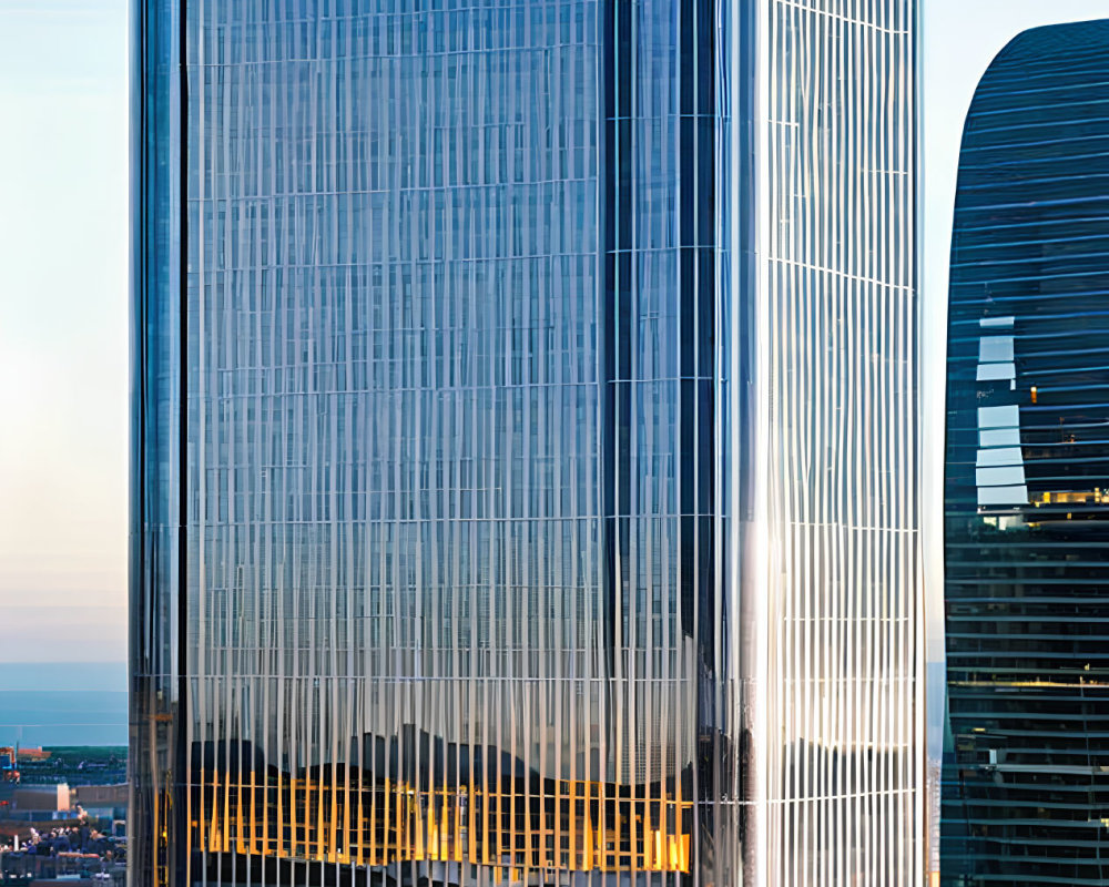 Reflective glass skyscrapers in golden sunset light