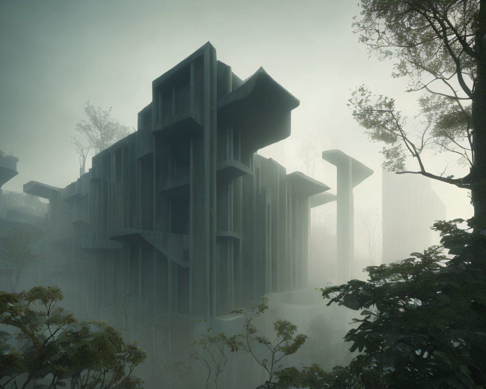 Large Brutalist-style Building in Fog Amid Lush Greenery