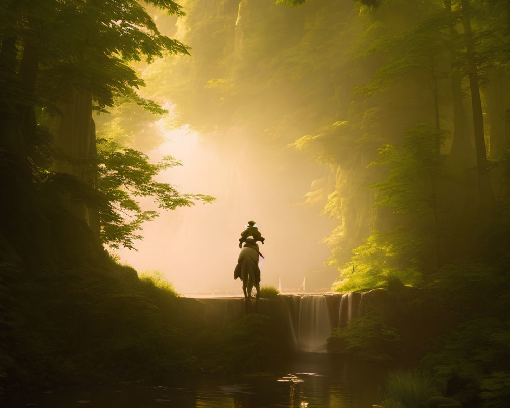 Tranquil forest scene with horse and rider silhouette near sunlit waterfall