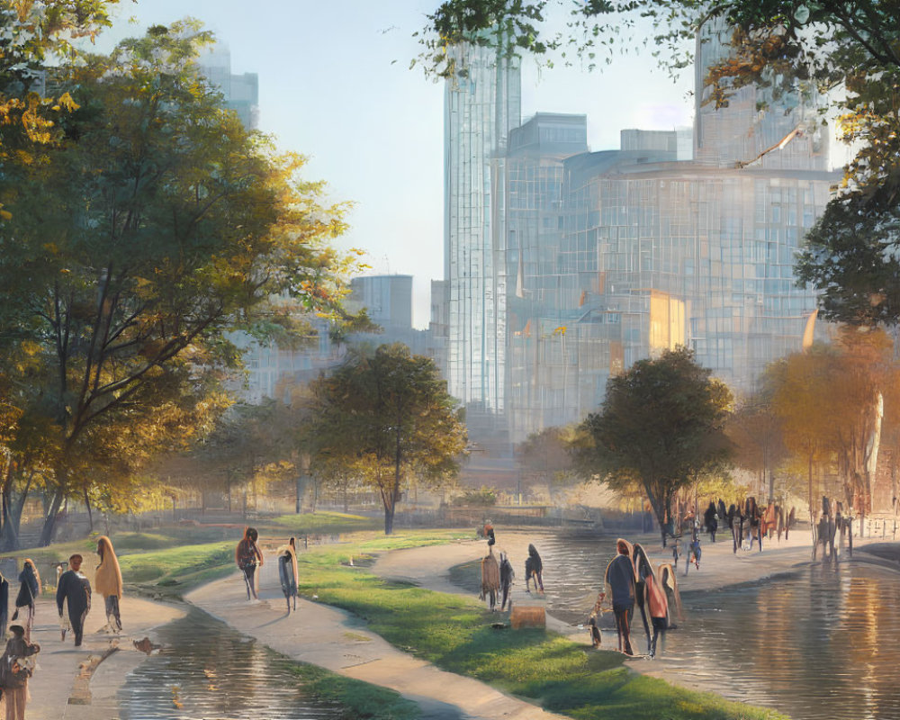 Urban park scene with people, waterway, autumn trees, and modern buildings