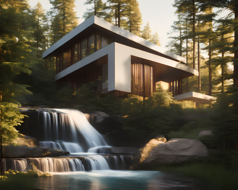 Modern architectural house with large glass windows overlooking waterfall in forest sunset.