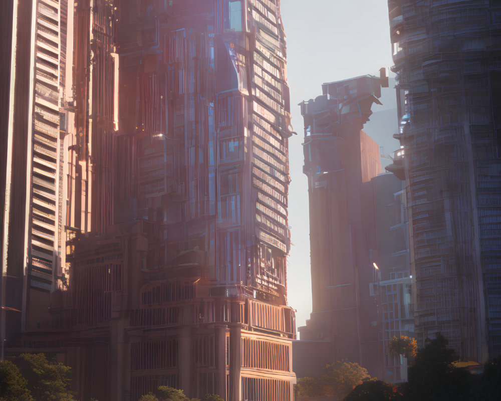 Futuristic cityscape with towering skyscrapers at sunrise