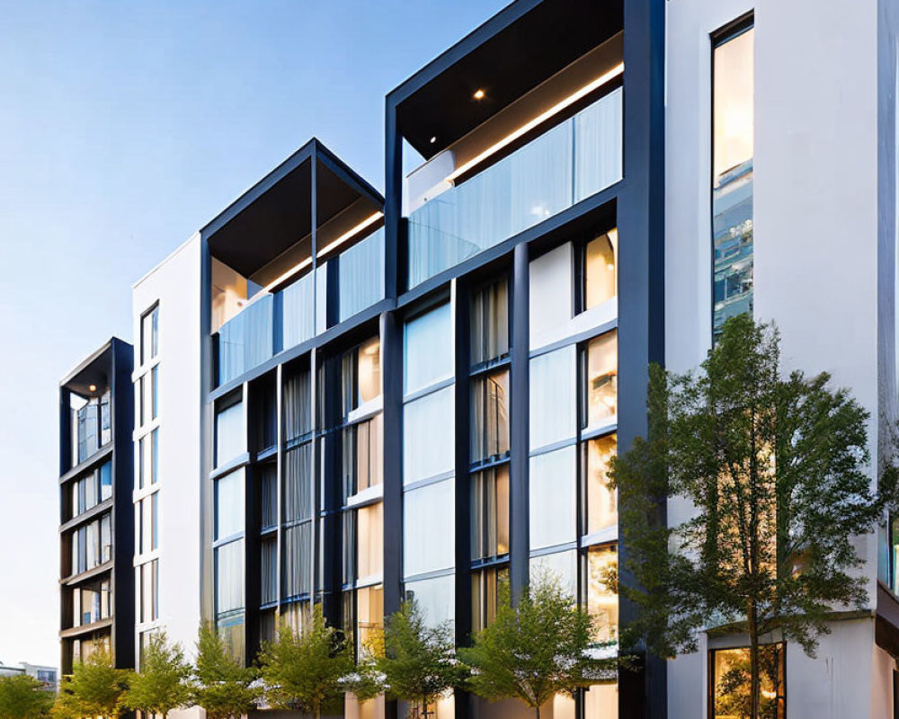 Geometric facade of modern urban building at dusk