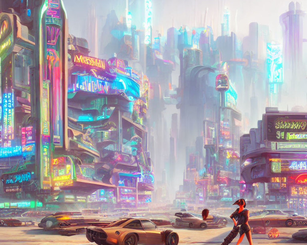 Futuristic cyberpunk cityscape with neon signs, sleek car, and high-tech person walking