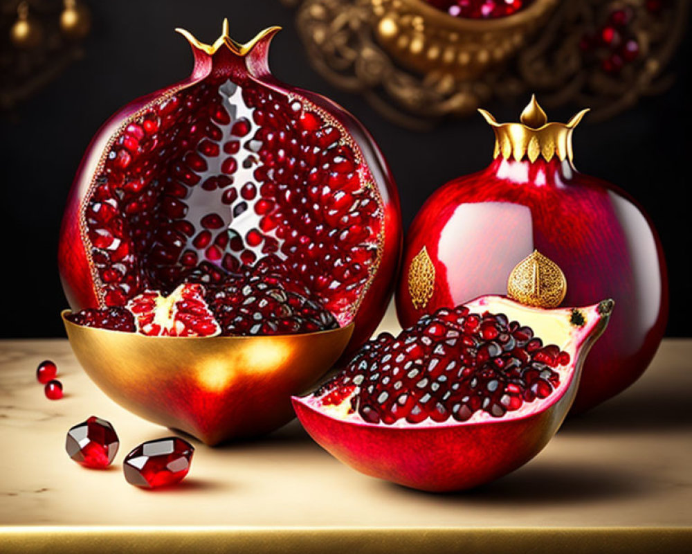 Ripe pomegranates with seeds spilling out on dark ornate background