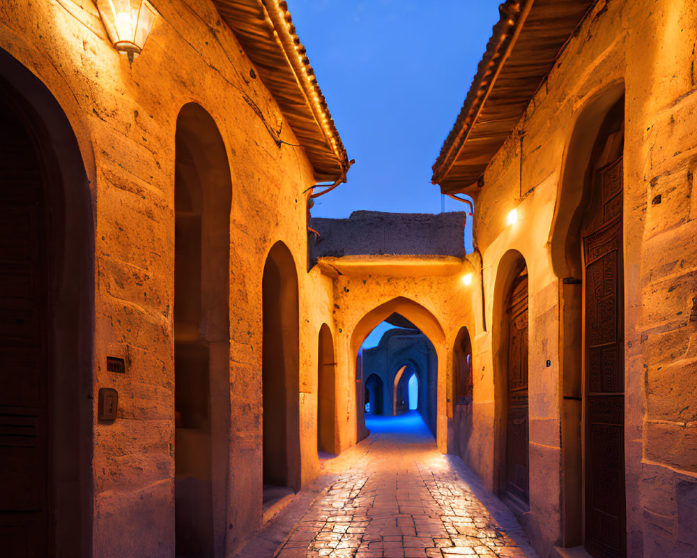 Picturesque alley at twilight with cobblestone pavement and traditional buildings.