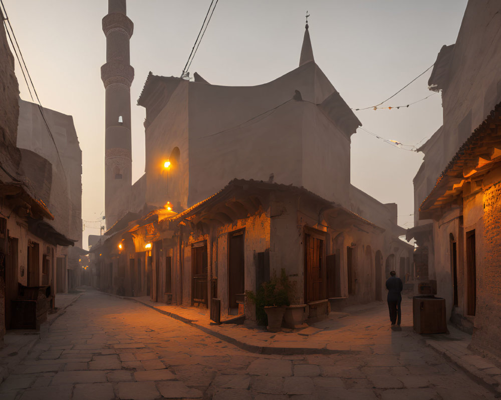 Historic architecture and minaret in tranquil street scene at dawn or dusk