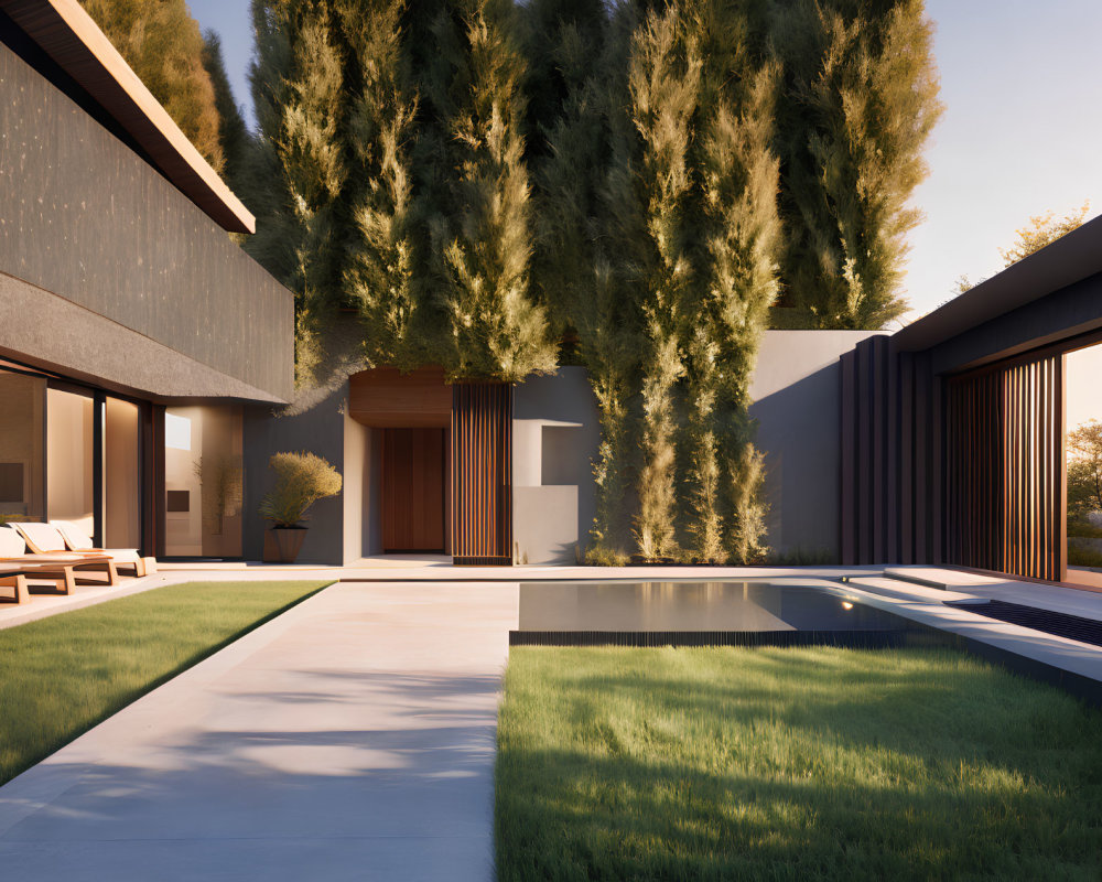 Contemporary House with Pool, Sun Loungers, Trees, and Clear Dusk Sky