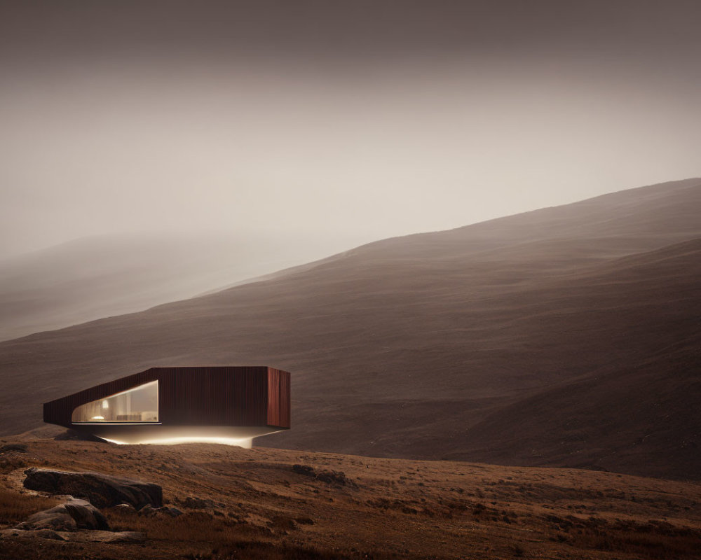 Modern cabin in misty, hilly landscape