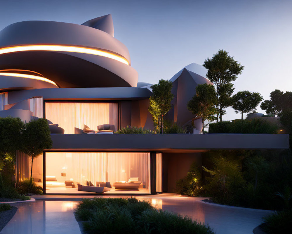 Curvilinear Modern House with Illuminated Interiors and Lush Landscaping at Dusk