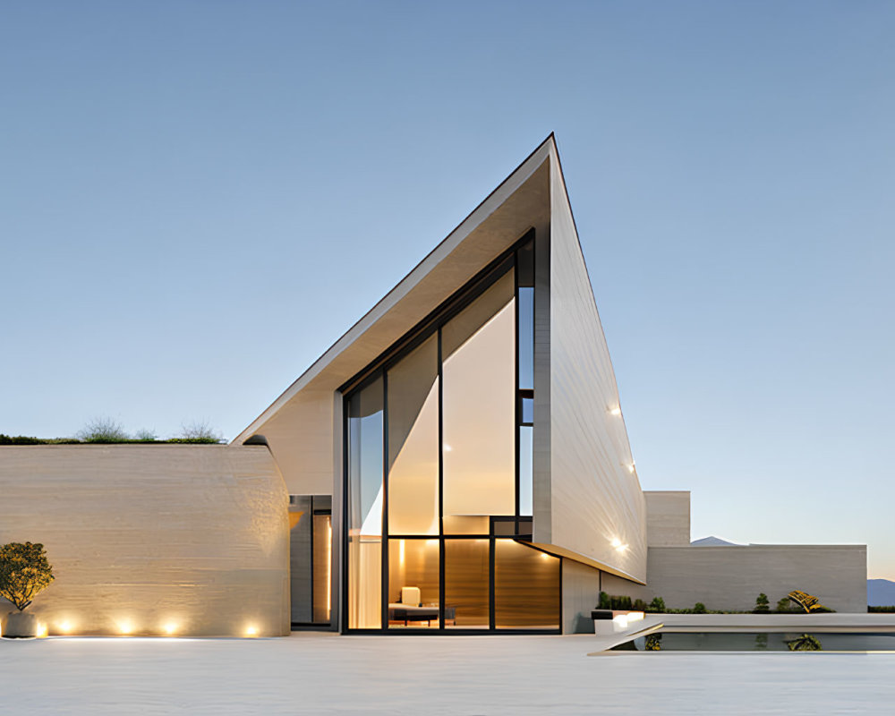 Modern Architectural Home with Triangular Roof and Glass Windows Illuminated at Twilight