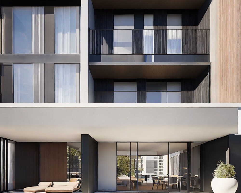 Contemporary Apartment Facade with Balconies and Pool Area