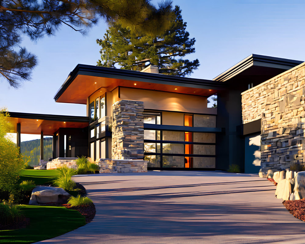 Contemporary House with Stone Columns and Flat Roofs in Forest Setting