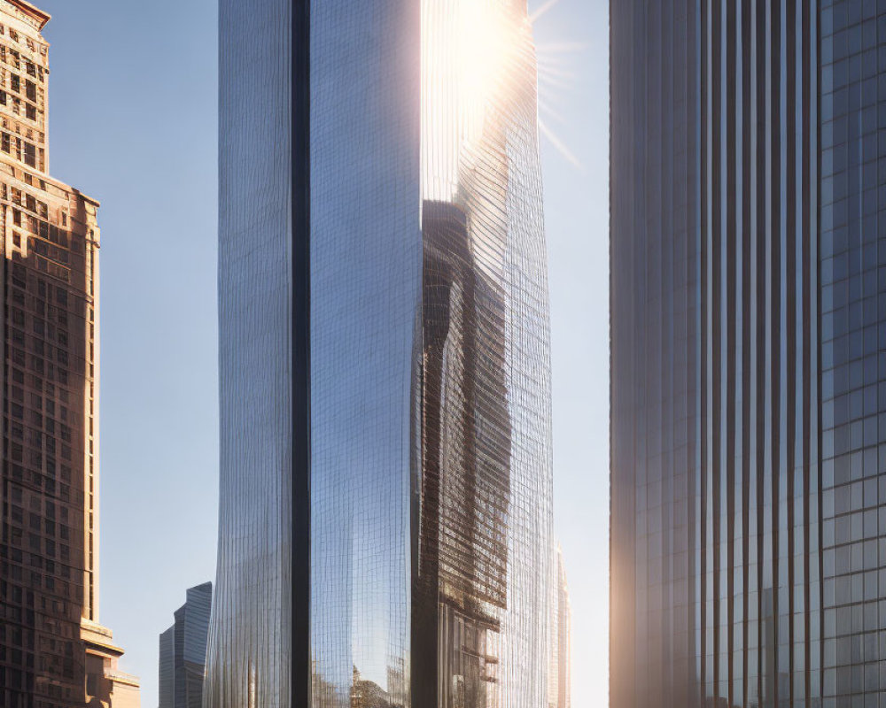 Urban architecture under clear blue sky with glass skyscraper reflecting sunlight