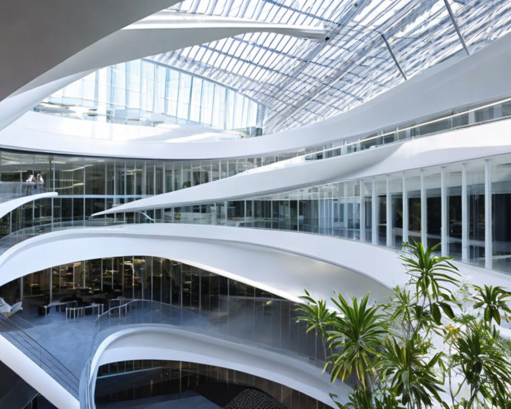 Contemporary interior with white balconies, glass ceiling, steel beams, plants, and seating areas.