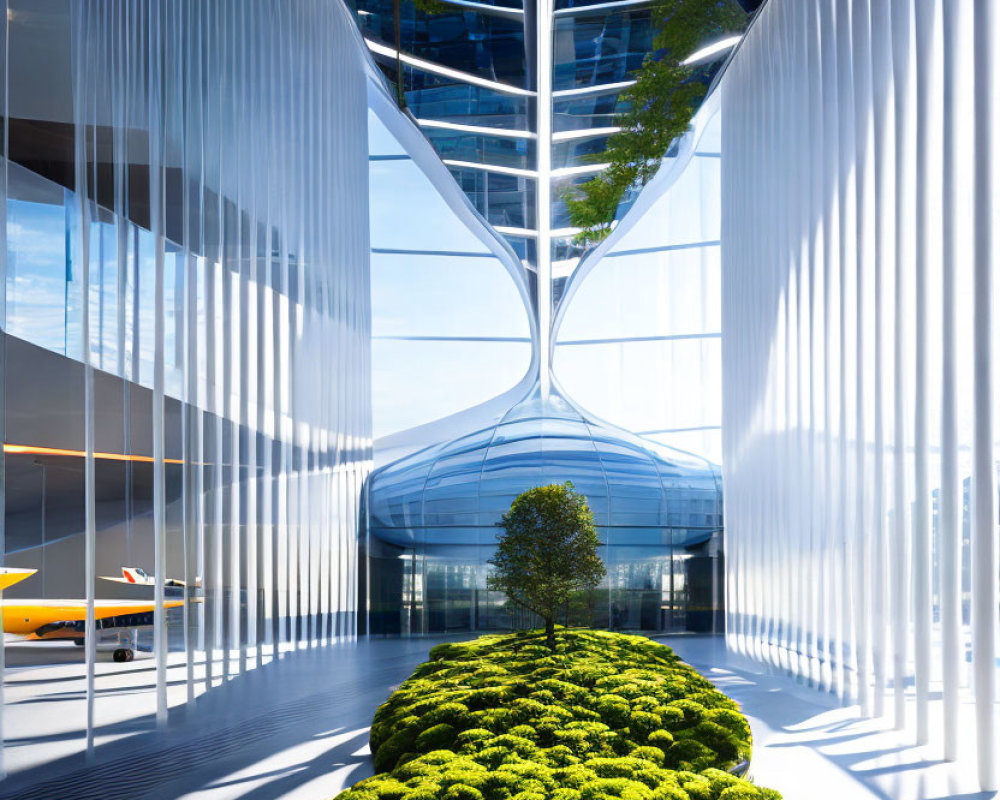 Reflective Ceiling, Transparent Structure, Tree, Yellow Car: Modern Architectural Interior