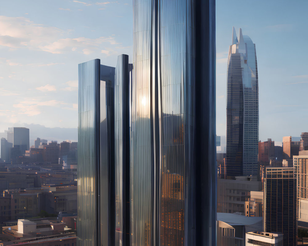 Reflective glass skyscraper in urban sunset glow