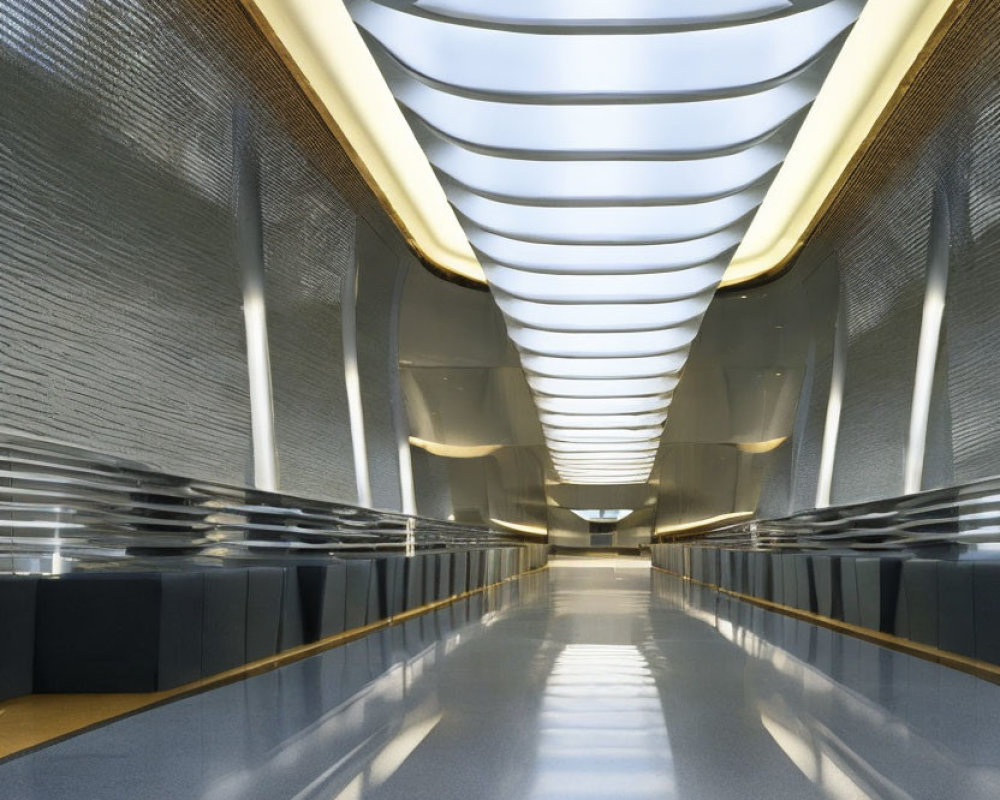 Contemporary interior corridor with curved illuminated ceiling, reflective floor, and textured walls showcasing futuristic architecture.