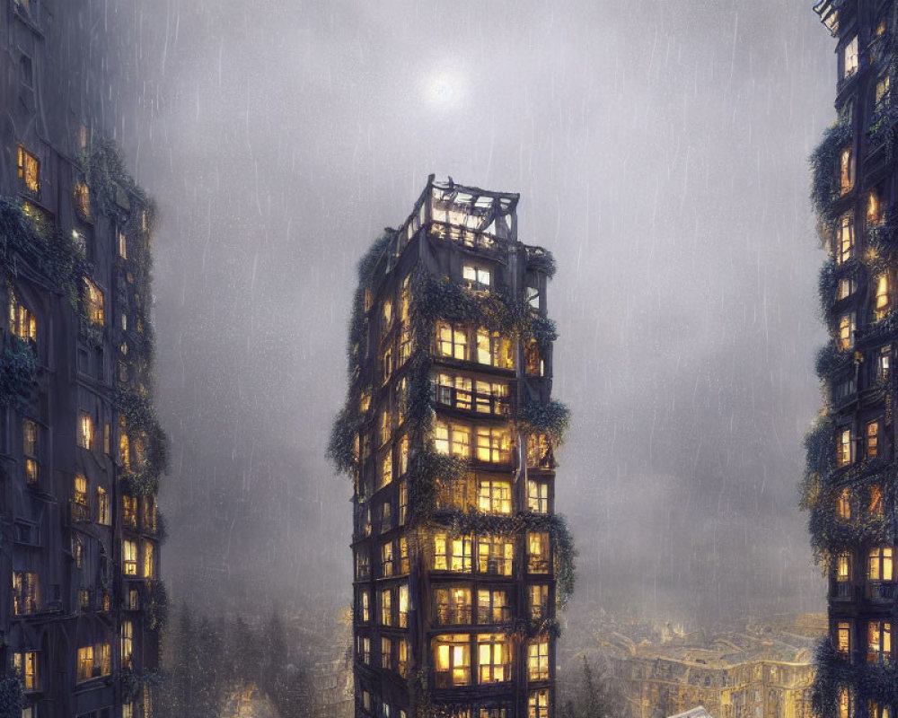 High-rise buildings covered in vegetation under moonlit sky with rain and fog.