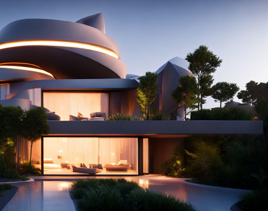 Curvilinear Modern House with Illuminated Interiors and Lush Landscaping at Dusk