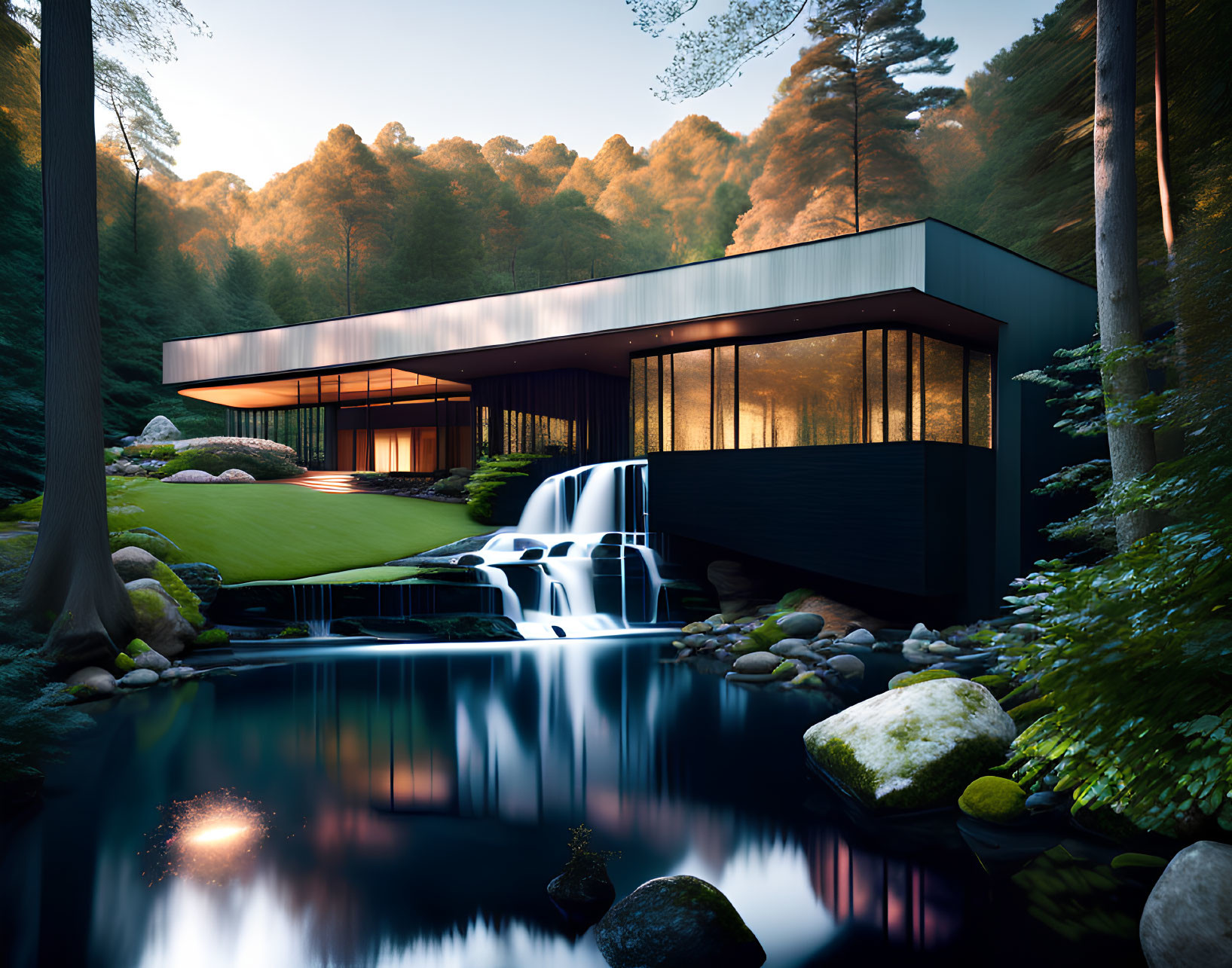 Contemporary house next to waterfall in forest setting