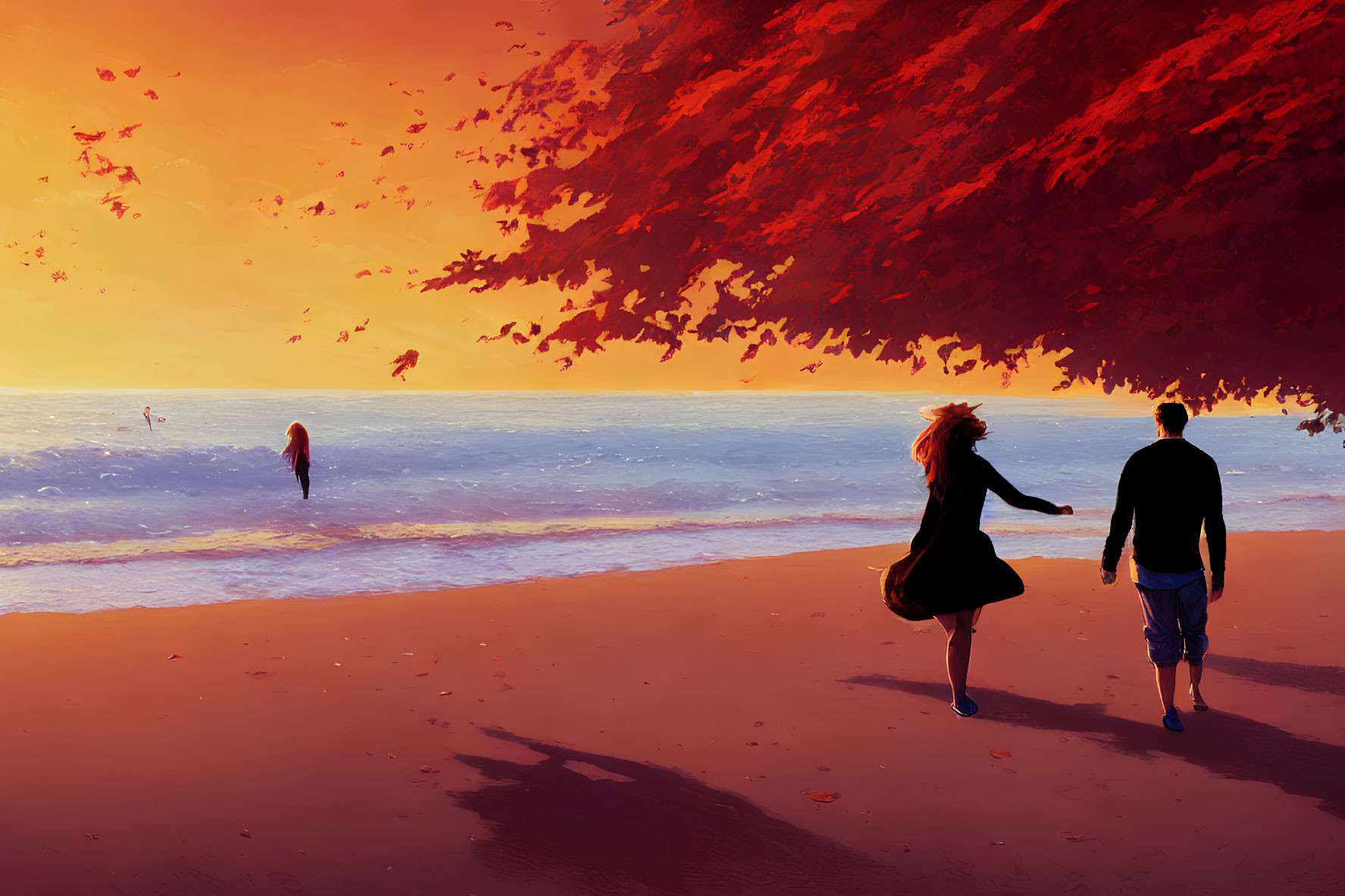 Couple walking on beach at sunset with red leaves, figure in water, and birds in sky.