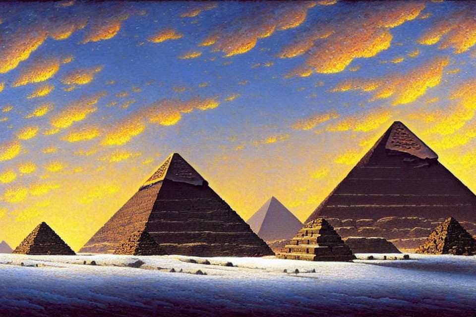 Iconic Pyramids of Giza in rare snow under orange sky