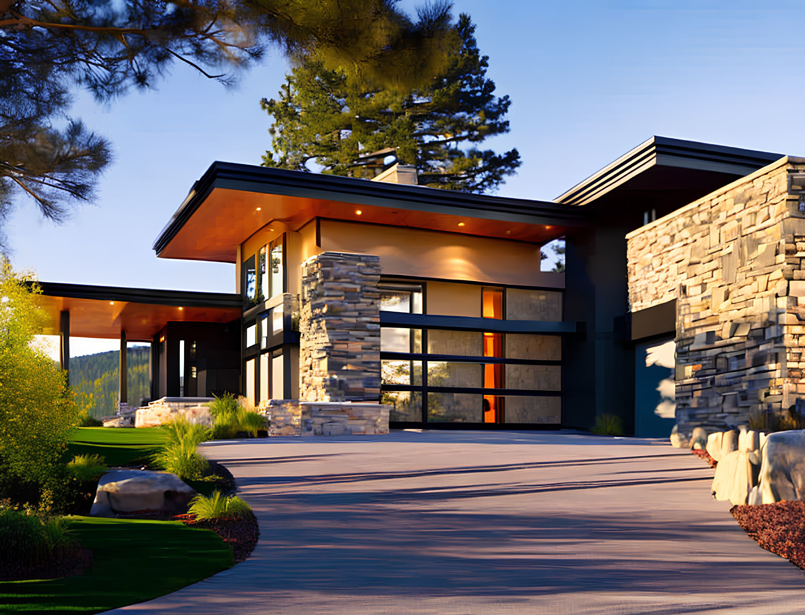 Contemporary House with Stone Columns and Flat Roofs in Forest Setting