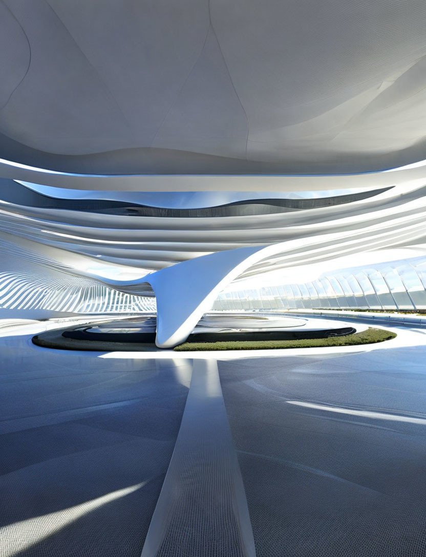 Sleek white futuristic interior with spiral structure & circular patterns
