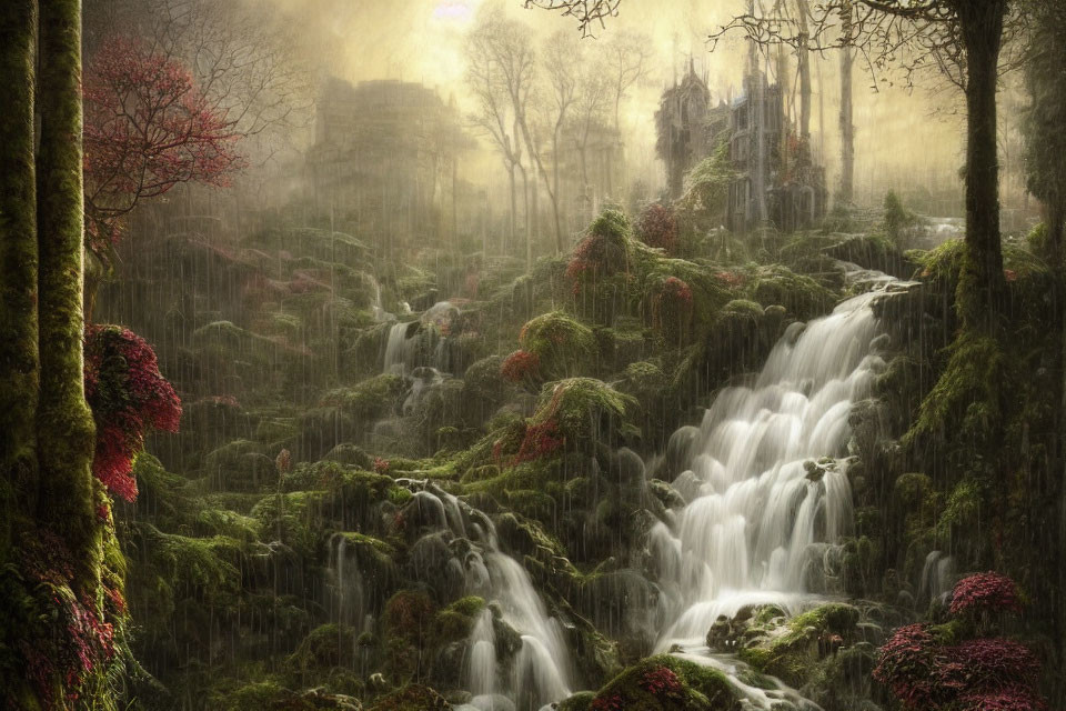 Enchanting forest scene with red foliage, waterfalls, and castle ruins