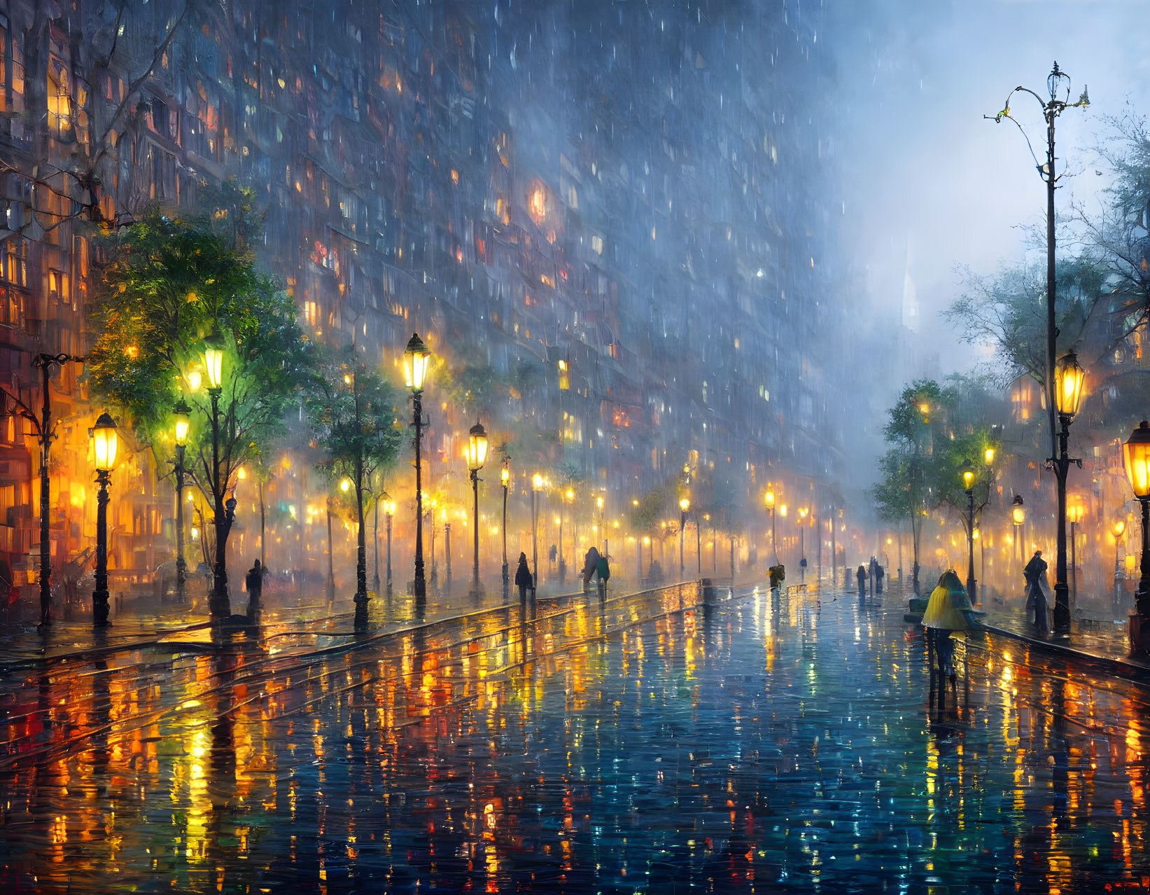 Rainy Night City Street with Reflective Lights and Umbrella Silhouettes