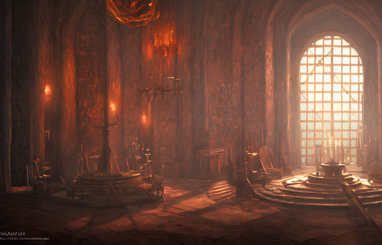 Medieval-style Room with Arched Windows, Torchlit Atmosphere, Armor Sets, and Fountain Center