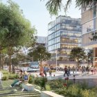 Urban park scene with people, waterway, autumn trees, and modern buildings