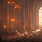 Medieval-style Room with Arched Windows, Torchlit Atmosphere, Armor Sets, and Fountain Center