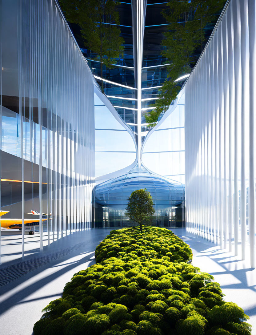 Reflective Ceiling, Transparent Structure, Tree, Yellow Car: Modern Architectural Interior