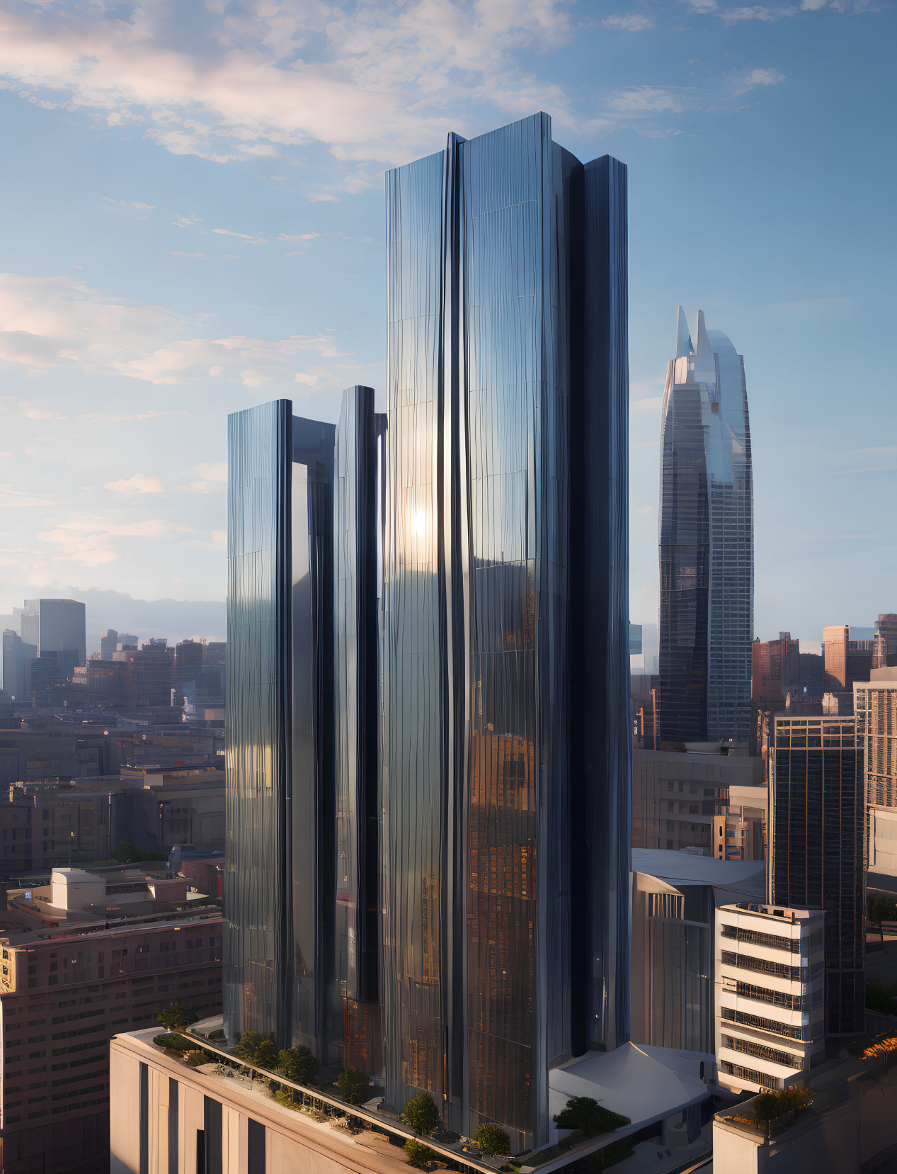 Reflective glass skyscraper in urban sunset glow