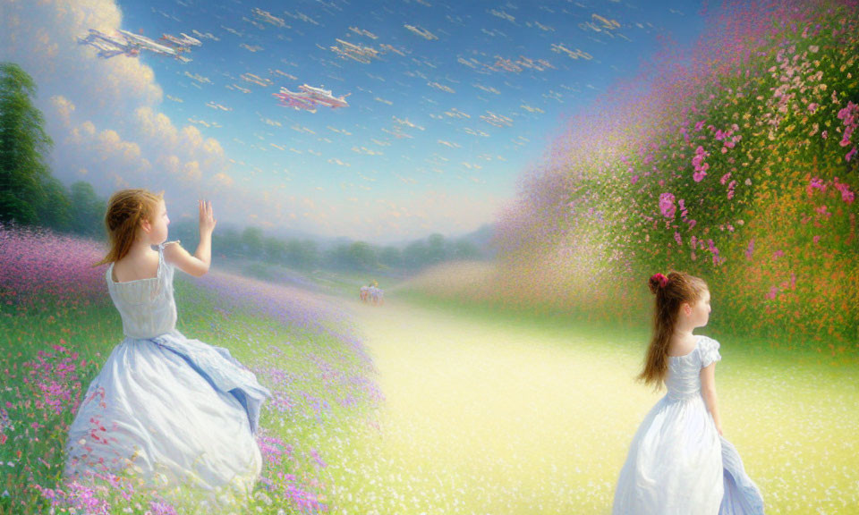 Two girls in white dresses in vibrant meadow with butterflies and pink clouds