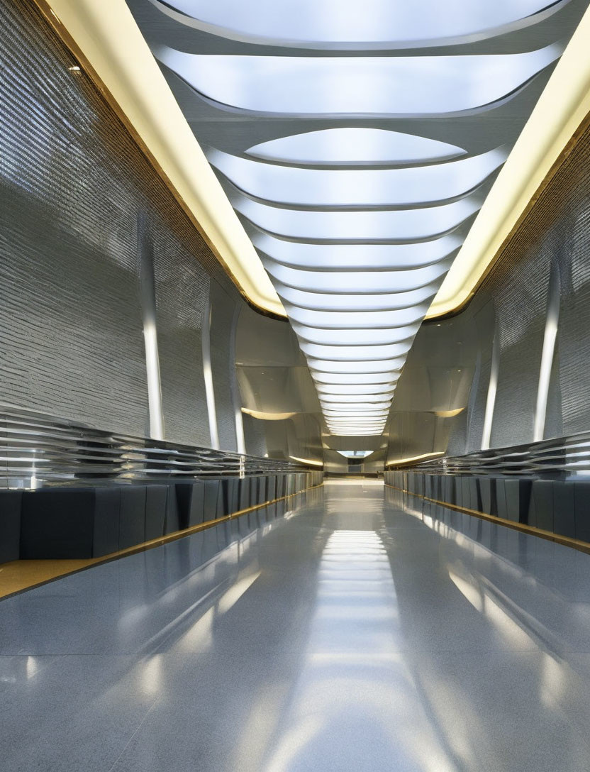 Contemporary interior corridor with curved illuminated ceiling, reflective floor, and textured walls showcasing futuristic architecture.