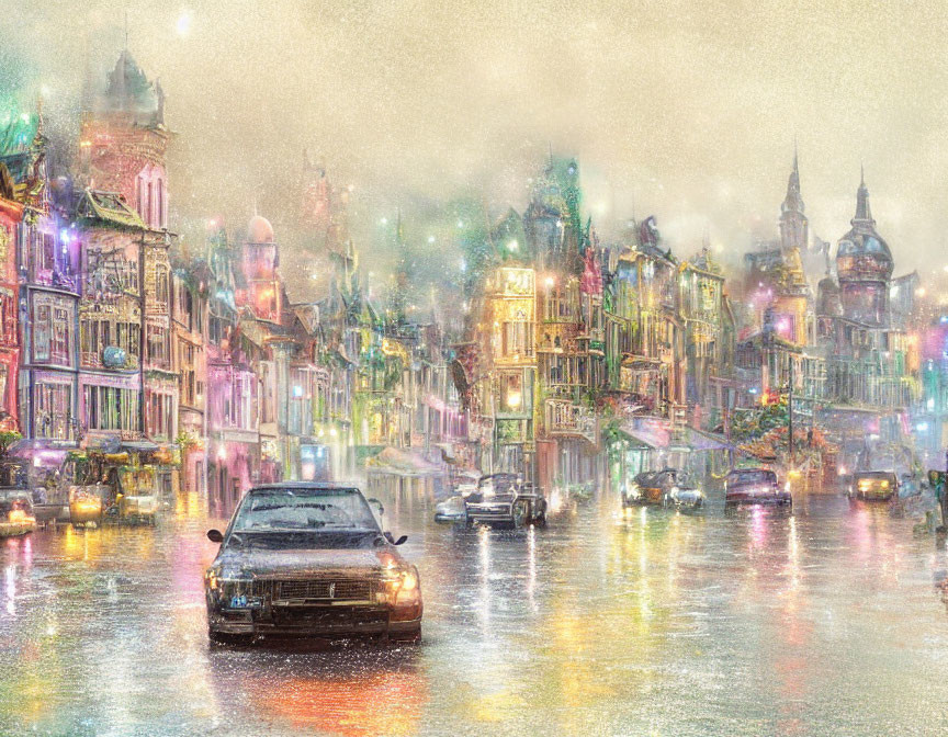Vibrant rainy night street scene with illuminated buildings and cars