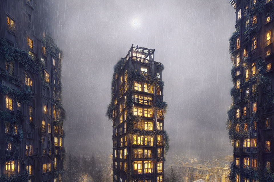 High-rise buildings covered in vegetation under moonlit sky with rain and fog.