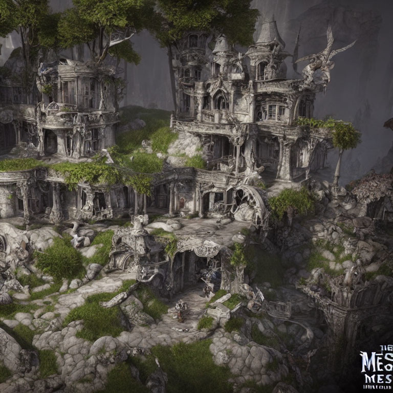 Stone temple complex carved into cliff surrounded by lush greenery