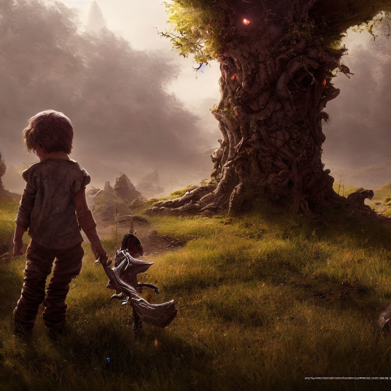 Children near glowing mystical tree under luminous sky