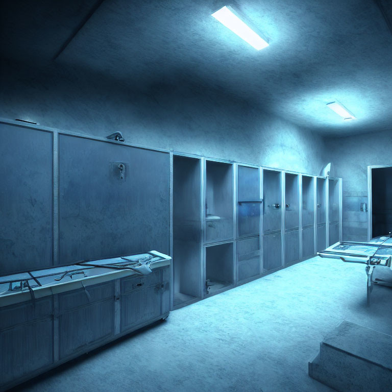 Blue-toned morgue with steel gurneys and body compartments