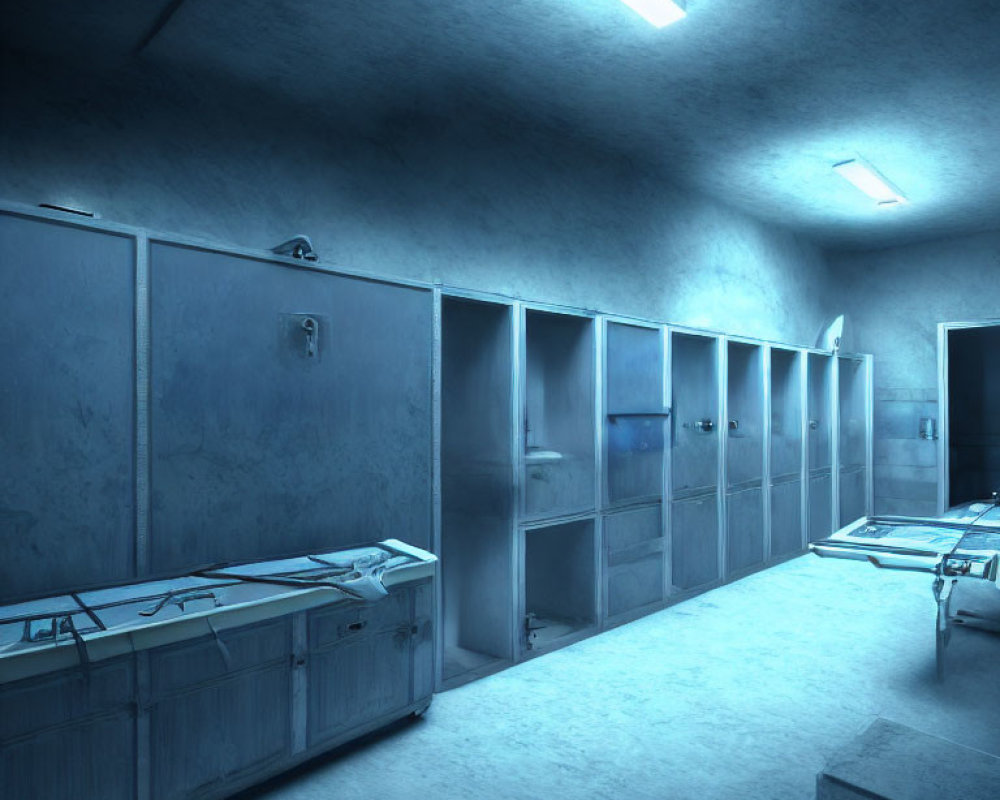 Blue-toned morgue with steel gurneys and body compartments