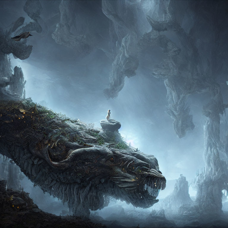 Person standing on rock atop floating dragon-like creature in mystical cave with birds and rock formations