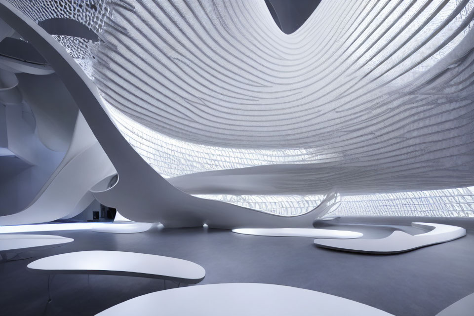 Contemporary Interior Design with White Flowing Structures and Undulating Patterns